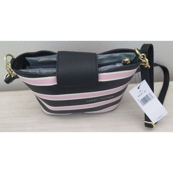 Tommy Hilfiger 69J5583 001 Pink/Black Striped PU Leather Crossbody Bag $108 - Picture 4 of 11